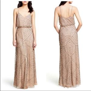 ADRIANNA PAPELL Art Deco Beaded Blouson Maxi Dress Nude Pink Size 0